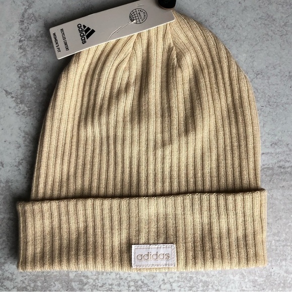 Adidas Ribbed Knit Cuff Beanie Beige NWT - Picture 1 of 6